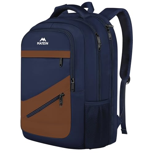 MATEIN Travel Backpack for Men with Anti Theft Pocket, TSA Friendly Bag | 17.3 Inch Laptop Backpack with Luggage Strap, Water Resistant Carry On Napsack, Flight Approved Work Business College Daypack - color: Dark Blue Brown, size: 17 Inch