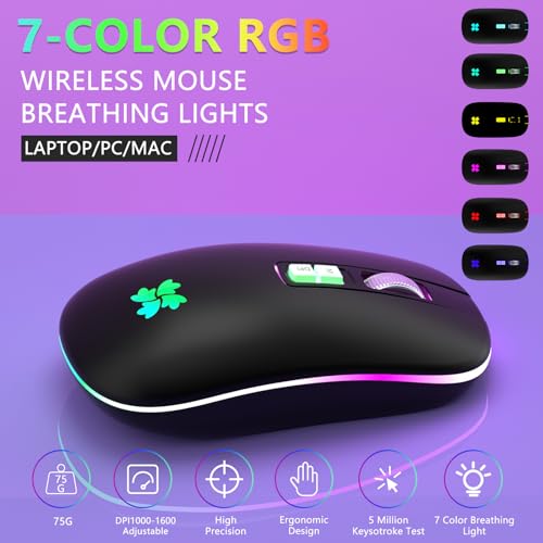 besky Wireless Rechargeable Mouse, Portable Silent Computer Mouse, Black | Backlit LED 2.4G USB Cordless Mouse with USB-C Adapter for Laptop, PC, MacBook, Chromebook, iPad & Tablet