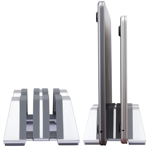Adjustable Dual Vertical Laptop Stand - Supports 2 Devices Holder, Fit for All Laptops(10-30mm Thickness) - Fashion Design, Adjustable Width, Anti-Slip & Scratch-Resistant, Patented Design - color: Silver, size: 2 Slot (For 2 device)