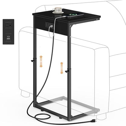 C Shaped End Table with Charging Station, Adjustable Height Side Table for Couch,Small Side Table Small Spaces, 33.2'' Tall Couch Tables that Slide Under, Tv Tray Table for Living Room, Black - color: Black (1 Pack), style: With Plug