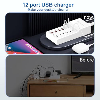 USB Charging Station 50w10A 12 Ports Multiple Charging Block, USB C Strip for iPhone 13/14/15/16/17/Smartphone/Tablet/Watch/Headphones and Multiple Charger Plug - size: 50W 12 Port