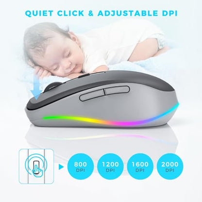 PEIOUS Wireless Mouse Jiggler - Keep Computers Awake, Black & Grey | Rechargeable LED Mouse, Silent Clicks, Adjustable DPI and Random Movement Keep Computers Awake for Laptop/PC/Mac - color: Grey