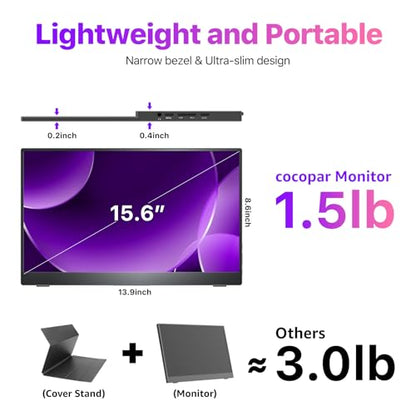 cocopar Portable Monitor 15.6 Inch 4K UHD 60Hz 145% sRGB Travel Monitor with Speaker HDMI USB-C Second Screen for Laptop MacBook Surface PC Xbox PS4/5, VESA Mountable, with Kickstand - size: 15.6 Inches