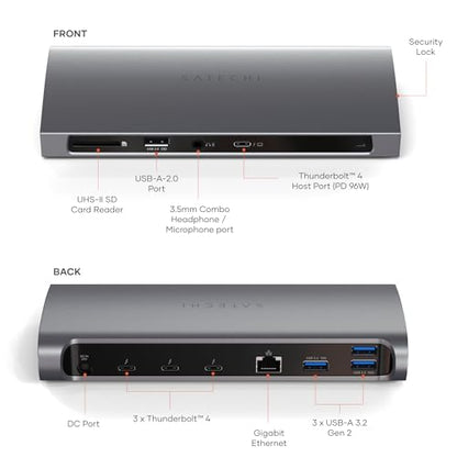 Satechi 11-in-1 Thunderbolt 4 Dock, 2X 4K/60Hz Displays, 3 USB-A 3.2 | 100W charging, 3 Thunderbolt, 3 USB-A 3.2, USB-A 2.0 ports, SD card reader, for MacBook Air/Pro, Mac, Windows