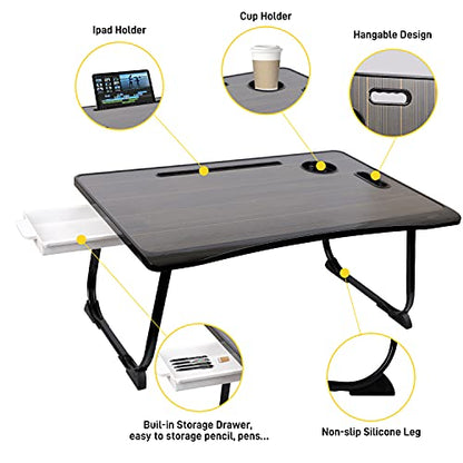 Amaredom Laptop Bed Desk Tray Bed Table, Foldable Portable Lap Desk with Storage Drawer and Cup Holder for Eating Breakfast on Bed/Couch/Sofa-Black - color: Black