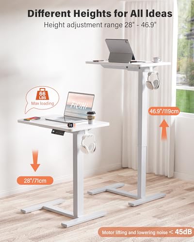 FiCiHi Electric Overbed Table, Adjustable Height Bedside Desk with Hidden Wheels, Rolling Sit-Stand Laptop Table for Bed, Couch, Sofa, Home Office & Hospital Use, (24" x 16", White) - color: White, size: 24 x 16"