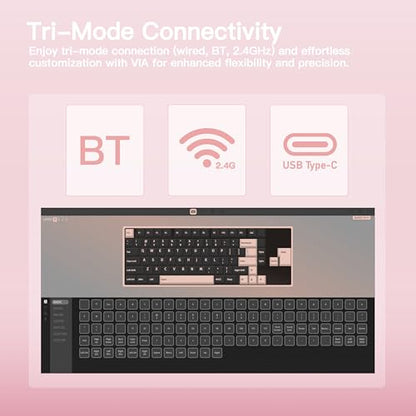KEEBMONKEY WOBKEY Rainy 75 CNC Aluminum HMX/JWK/Cocoa Switches Triple-Mode Connectivity Mechanical Keyboard with Superior Acoustics, RGB/PP/Mirrored Glass/3500mAh/Violet Switch (Standard - Pink) - style: Standard - Pink
