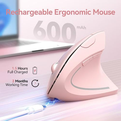 TECKNET Wireless Ergonomic Mouse, Rechargeable Wireless Vertical Mouse | Rechargeable Mouse Pink, 2.4GHz USB Receiver, Silent Click, 6 Adjustable DPI up to 4800, 6 Buttons for Laptop, PC & MacBook, - color: Pink