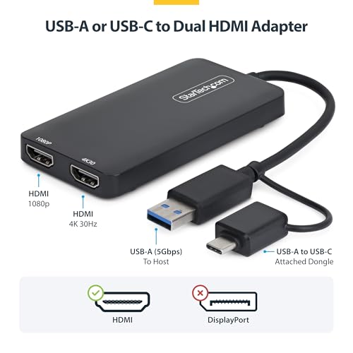StarTech USB-A and USB-C to Dual HDMI, 4K30 + 1080p, Mac Windows ChromeOS | USB 3.0 5Gbps, Two displays, Windows and ChromeOS and Ubuntu, Extended dual monitor - style: Mac & Windows