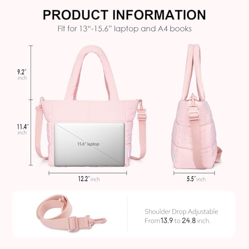 NOL Large Puffy Quilted Tote Bag for Women, Lightweight with Removable Strap & Zippered Compartments for Travel & Work - color: Pink