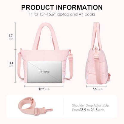 NOL Large Puffy Quilted Tote Bag for Women, Lightweight with Removable Strap & Zippered Compartments for Travel & Work - color: Pink