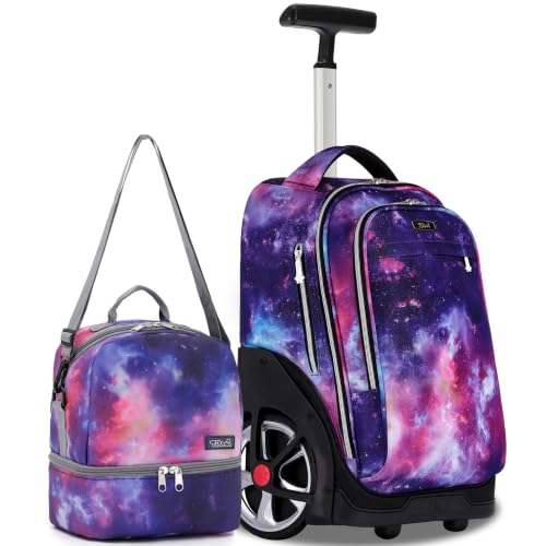 NEW TILAMI 19 Inch Rolling Backpack with Lunch Bag School Stair-Climbing | Stair-Climbing Teen Boys Girls Carry-on Suitcase Large Compartment 15.6 Laptop Sleeve Adjustable Handle Roller Travel Bag - color: Purple Starry