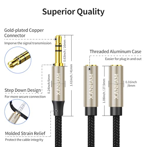 3.5mm Audio Stereo Y Splitter TRS Aux 1/8 Inch Mini Jack Extension 1 in 2 Out Adapter Cable for Headphone Audio Sharing Compatible with iPhone, iPad, iPod, Smartphone, Tablet, Laptop/PC, etc
