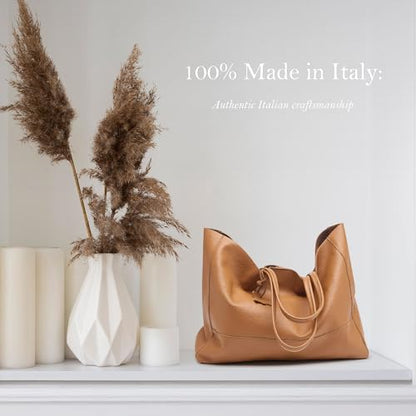 Italian Leather Tote Bag for Women - Large Shoulder Shopper, Fits 16” Laptop, Keychain Holder, Made in Italy - color: Camel Brown