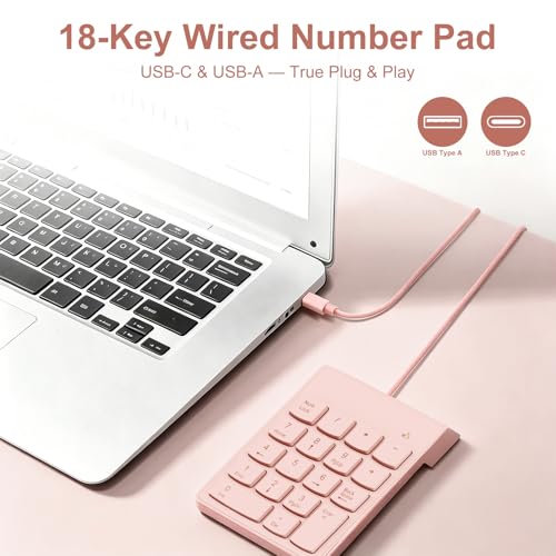 NOOX Wired Number Pad with USB to USB-C Adapter, Numeric Keypad Numpad 18 Keys Portable Financial Number Keyboard, 10 Key USB Keypad for Laptop, Desktop, Surface Pro, Notebook, MacBook - Pink