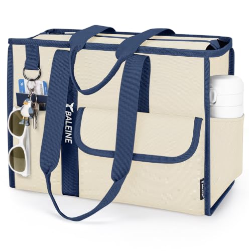 BALEINE Large Utility Tote Bag with Reinforced Bottom, Multi Pockets Foldable Tote Bag for Nurse, Travel, Work - color: Beige/Blue, size: Medium