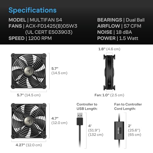 AC Infinity MULTIFAN S4, Quiet 140mm USB Fan, UL-Certified for Receiver DVR PlayStation Xbox Computer Cabinet Cooling - size: S4