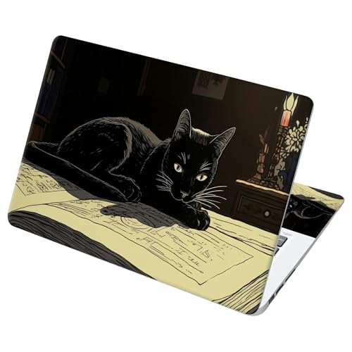 Universal Laptop Skin Sticker with 2 Wrist Pad Decals, 3-Piece Removable Vinyl Laptop Cover, Black Cat Reading Book Waterproof Anti-Scratch, Easy-Trim Fit for 13.3" 14" 15.6" Laptops - color: Black Cat Reading Book