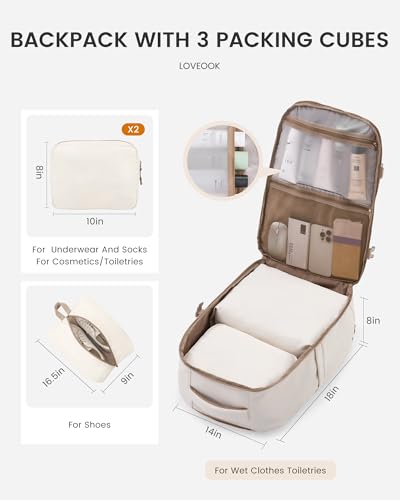 LOVEVOOK Travel Backpack,40L Carry On Backpack Large Fits 17.3" Laptop,TSA Personal Item Travel Bag with 3 Packing Cubes,Water Resistant Laptop Bag Travel Essentials for Weekender Business Hiking - color: Beige White-khaki, size: 17.3 Inch