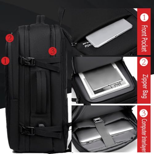 Lightweight Business Laptop Backpack, Large Expandable Travel Backpack | with USB Charging Port, Durable Casual Commuting Rucksack with Luggage Strap and Multi-Compartment - color: Black
