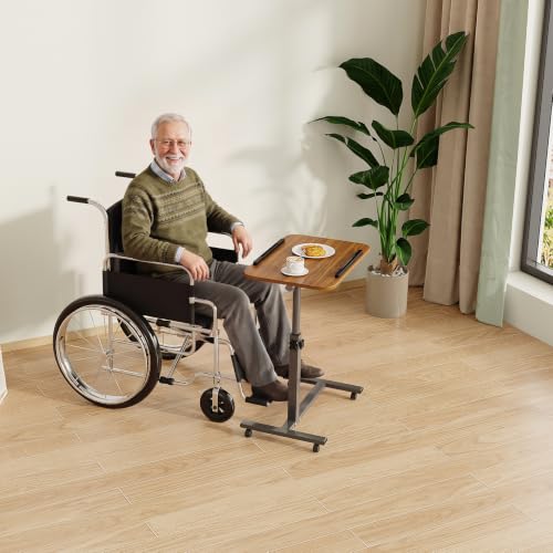 Furist Laptop Lap Desk, Mobile Adjustable Overbed Bedside Table with Wheels, Portable Standing Bed Desk, Rolling lapdesk Lap desks for Adults with Casters& Mouse Pad - color: Light Walnut