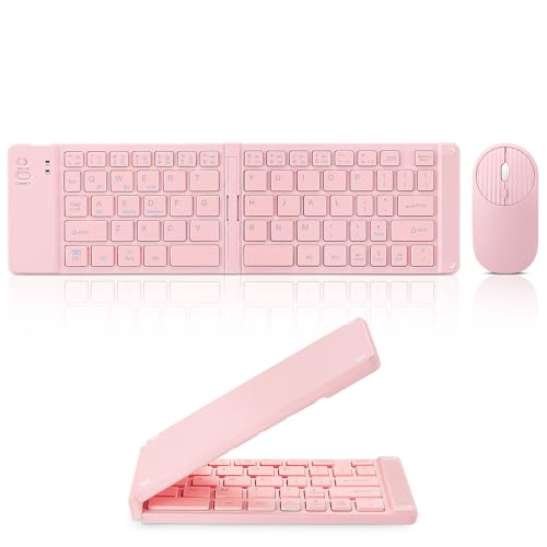 Mini Rechargeable Foldable Bluetooth Keyboard and Mouse Combo, Portable (Sync Up to 3 Devices), Ultra-Slim Travel Folding Keyboard for iPhone iPad Mac Android Windows iOS（Pink） - color: pink
