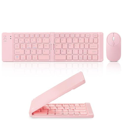Mini Rechargeable Foldable Bluetooth Keyboard and Mouse Combo, Portable (Sync Up to 3 Devices), Ultra-Slim Travel Folding Keyboard for iPhone iPad Mac Android Windows iOS（Pink） - color: pink