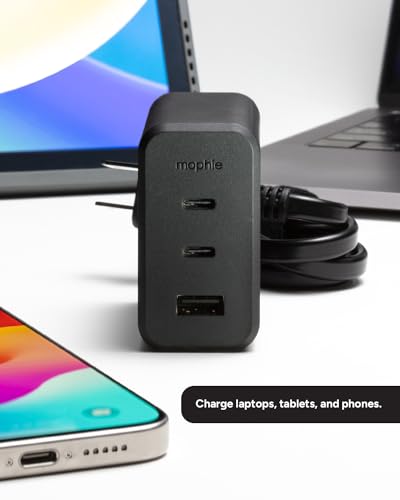 Mophie GaN 100W USB C Charger Block - 3-Port Fast Charger for MacBook, iPad, iPhone, Samsung Galaxy, Google Pixel, Laptops - with 1.5m/5ft Cable, Dual USB-C PD Ports, Black