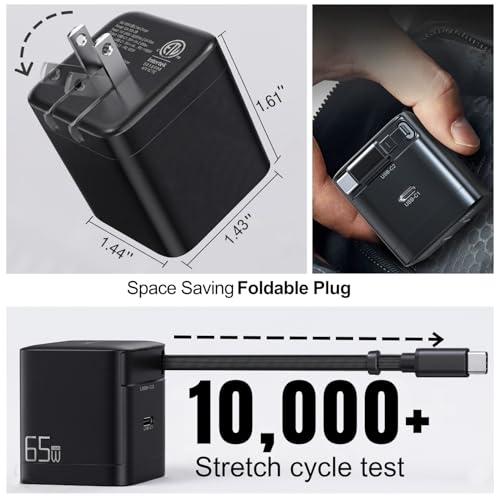 65W USB C Charger with Retractable Cable Dual Port Foldable Plug | 65W Fast Charging for Laptops Tablets and Phones, 27.5 Inch Built In Retractable USB C Cable, Dual USB C Ports