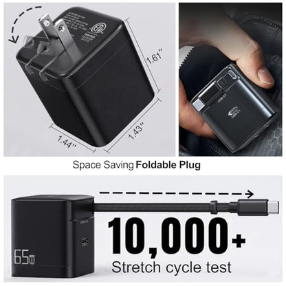 65W USB C Charger with Retractable Cable Dual Port Foldable Plug | 65W Fast Charging for Laptops Tablets and Phones, 27.5 Inch Built In Retractable USB C Cable, Dual USB C Ports