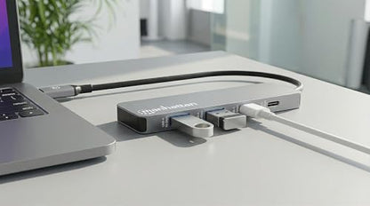 Manhattan USB-C Hub for Keyboards, Mouse, and USB Flash Drives, 4 Ports, 2 USB-A & 2 USB-C, Space Gray, Plug and Play, 10 Gbps, Aluminum