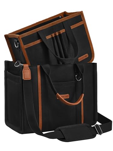 BESBESME Women’s Canvas Tote Bag with Zipper and Compartments – Multi-Pocket Laptop Work Crossbody Shoulder Tote Purse - color: Black, size: Medium, style: Detachable Organizer