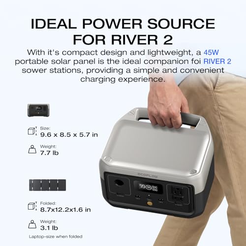 EF ECOFLOW Portable Power Station RIVER 2 with 45W Solar Panel, 256Wh LiFePO4 Battery/ 1 Hour Fast Charging, Up to 600W Output, Solar Generator for Outdoor Camping/RVs/Home Use - style: RIVER 2+45W Solar Panel