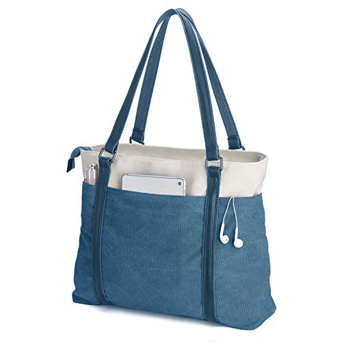 Laptop Tote Bag for Women, 15.6 Inch Work Bag with Laptop Compartment and Zipper, Canvas Computer Tote for Teacher - color: Blue