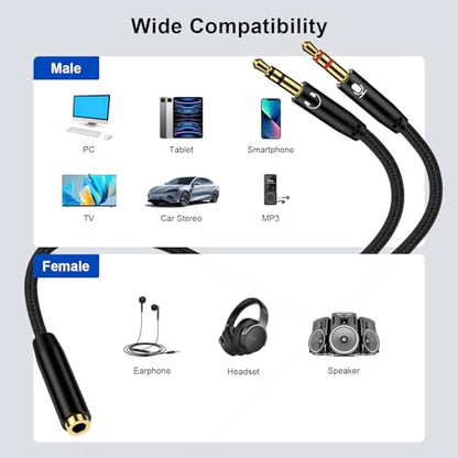 Headphone Splitter Cable for PC,3.5mm Female to 2 Dual Male Headphone Braided Audio Splitter Cable,Separate Audio Stereo Jack Microphone Headphone Port for Gaming Headset to PC Laptop Adapter - color: Black