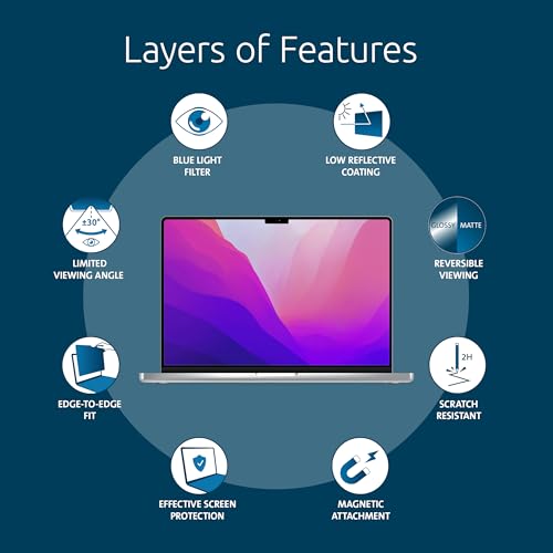 Kensington MP16 Magnetic MacBook Pro Privacy Screen for 16 inch MacBook Pro (2021-2024, M1, M2, M3, M4, Pro, Max), Removable Laptop Privacy Screen, Anti Glare Blue Light MacBook Mac Screen Protector - size: Macbook Pro 16"