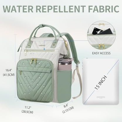 VANKEAN 15.6 Inch Laptop Backpack for Women Large Capacity Waterproof Daypack - color: Beige-light Green, size: 15.6 Inch