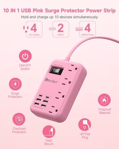 6 USB (2 USB C) Pink Extension Cord,5 Feet Travel Power Strip,4 Outlets | 6 USB,24W USB Charging Station,Travel Power Strip,Pink Desk Accessories, Surge Protector,Cute Kawaii Gifts College Dorm,5 Ft - size: Pink-24W USB-5ft-980J