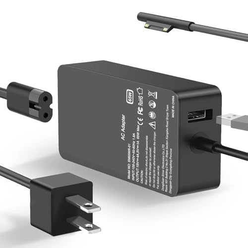 65W Surface Pro Laptop Charger Compatible with Microsoft Surface Pro 11 10, 9, 8, X, 7+, 7, 6, 5, 4, 3, Magnetic Surface Connector, Support 65W, 44W, 36W, with USB Port - color: Black