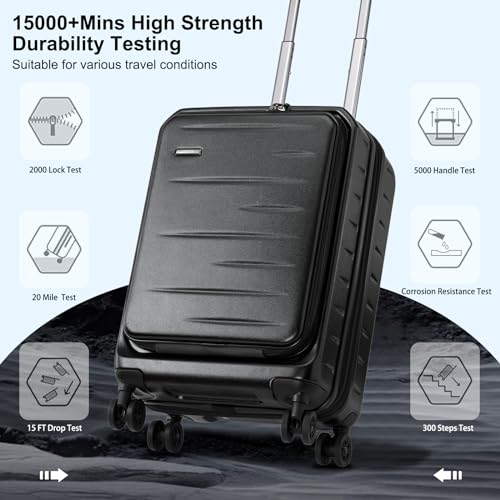 CENSIEN Expandable Carry On Luggage Airline Approved, 20 Inch Lightweight ABS+PC Hard Shell Suitcases with Front Pocket, Spinner Wheels, TSA Lock (Black, 1PC) | Front Opening with Laptop Pocket,Lightweight ABS+PC Hard Shell Suitcases,360° Spinner Wheels,T