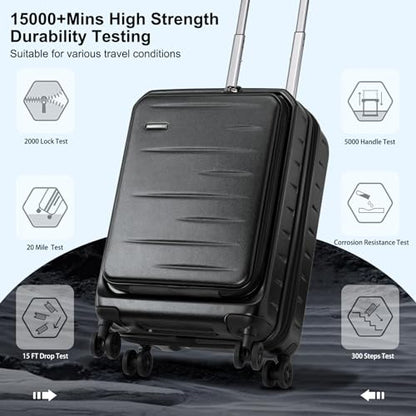 CENSIEN Expandable Carry On Luggage Airline Approved, 20 Inch Lightweight ABS+PC Hard Shell Suitcases with Front Pocket, Spinner Wheels, TSA Lock (Black, 1PC) | Front Opening with Laptop Pocket,Lightweight ABS+PC Hard Shell Suitcases,360° Spinner Wheels,T