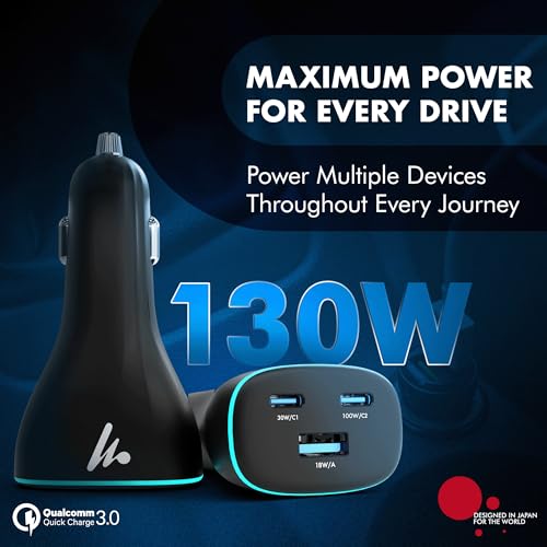 PD 130W Superfast Charging 2.0 Wozoyo Car Charger, with 2XType C & USB-A, PPS & QC 3.0, Triple Port (100W + 30W + 18W), 12V–24V Compatible, Multi-Layer Protection, 2-Years Manufacturer Warranty