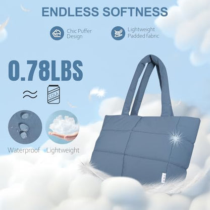 NOL Large Puffy Quilted Tote Bag for Women, Lightweight with Removable Strap & Zippered Compartments for Travel & Work - color: Dusty Blue