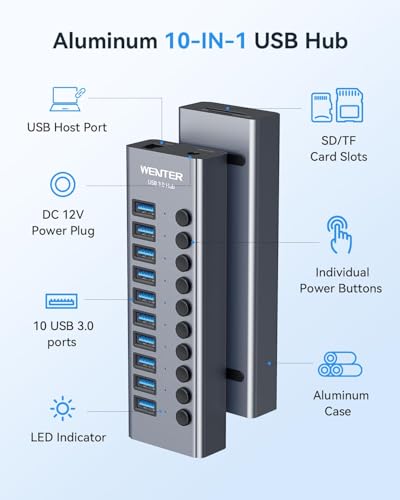Powered USB 3.0 Hub, Wenter 10 Ports 36W Powered USB Hub, Aluminum USB Splitter with Individual On/Off Switches, SD/TF Card Readers and 12V/3A Power Adapter for PC/Laptops/MacBook Pro/Air/iMac/iPad - size: Aluminum 10 Ports