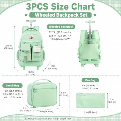 AGSDON Rolling Backpack for Girls, 21" Women Roller Wheels Bookbag, Laptop Wheeled Suitcase School Backpacks with Lunch Bag for Teens - color: Square Green