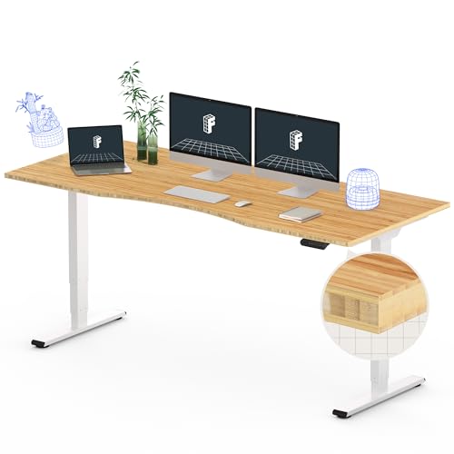 FlexiSpot E6 Bamboo 3-Stage Dual Motor 72 x 30 Electric Standing Desk Sit Stand Up Desk, Holds 220 lbs, Adjustable Height w/ Memory Presets, Solid Bamboo Curved Desktop & White Frame, Ships in 2 Boxes - color: White Frame+curved Top, size: 72"x30" Bamboo