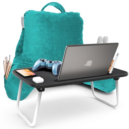 Clara Clark Reading Pillow with Portable Lap Desk Set for Kids, Back Pillow for Sitting Up in Bed, Memory Foam Back Support Pillow, Bed Rest Pillow with Foldable Laptop Desk, Small - Teal - color: Teal, size: Petite/Small