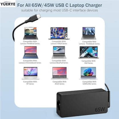 65W USB C Laptop Charger Compatible with Lenovo ThinkPad T14 T15 T16 E14 E15 T480S T580S E480 E580 X1 Carboon Yoga 7i 9i C930 C940 Chromebook C330 S330 Fast Power Adapter - size: 4.29*1.85*1.14in USB C