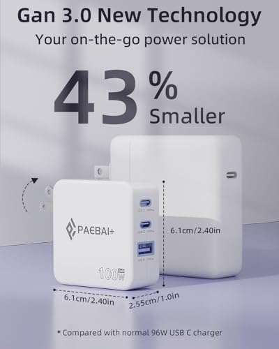 100W USB C Charger Block, 3 Port GaN Foldable Wall Fast Charger | for MacBook Pro, MacBook Air, Dell XPS, iPhone 17 16 Series, Samsung Galaxy, iPad Pro and All USB-C Devices - color: White