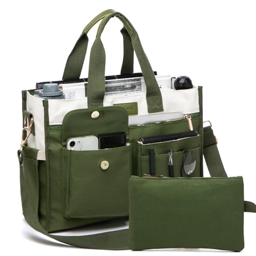 Large Canvas Tote Bag Set for Women, Work Teacher College Travel Shoulder Handbags, Crossbody Laptop Purse - color: Armygreen/Beige, size: Medium - Fits 14" Laptop
